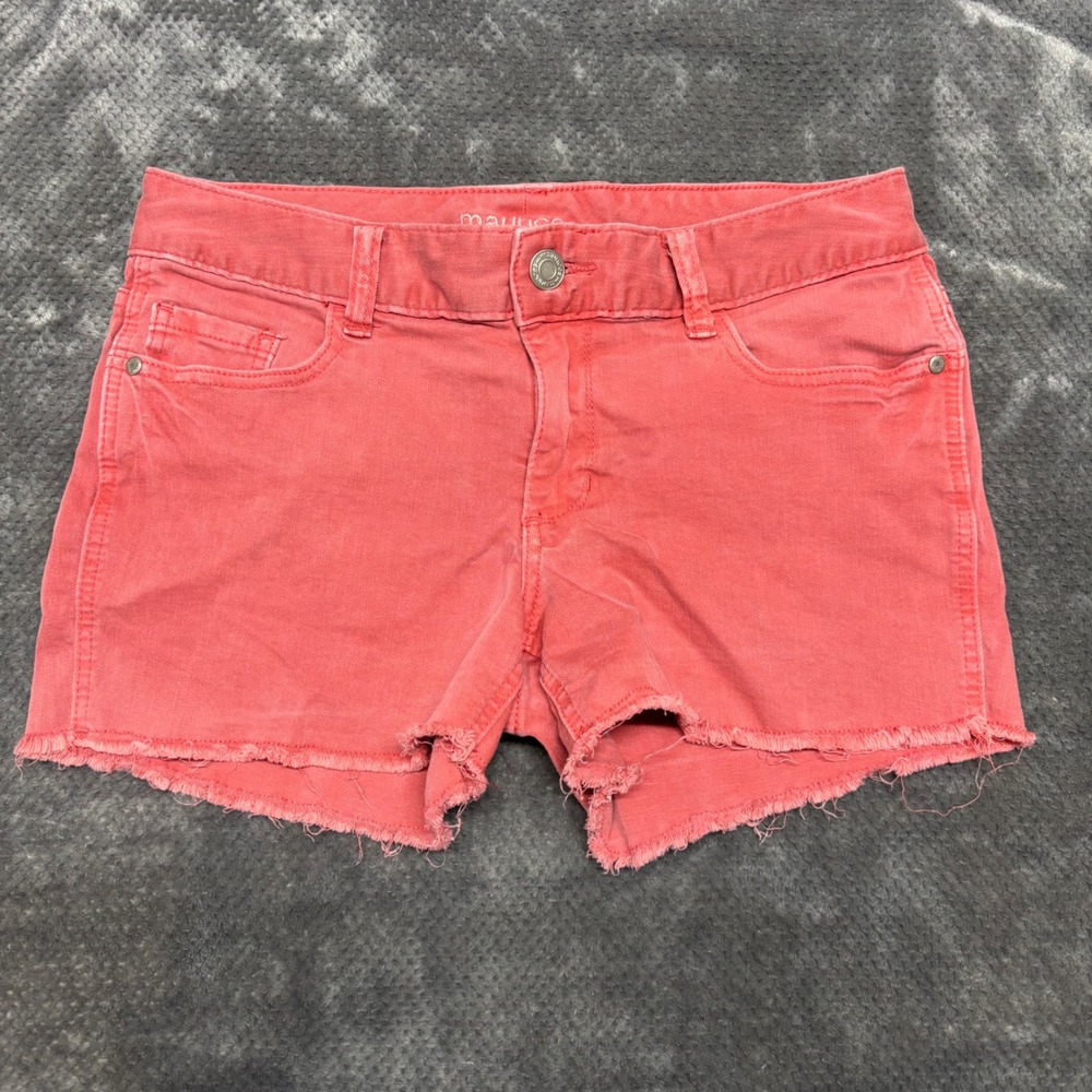 Maurices Coral Pink Denim Shorts Size 7/8 Raw Hem Frayed Distressed Stretch